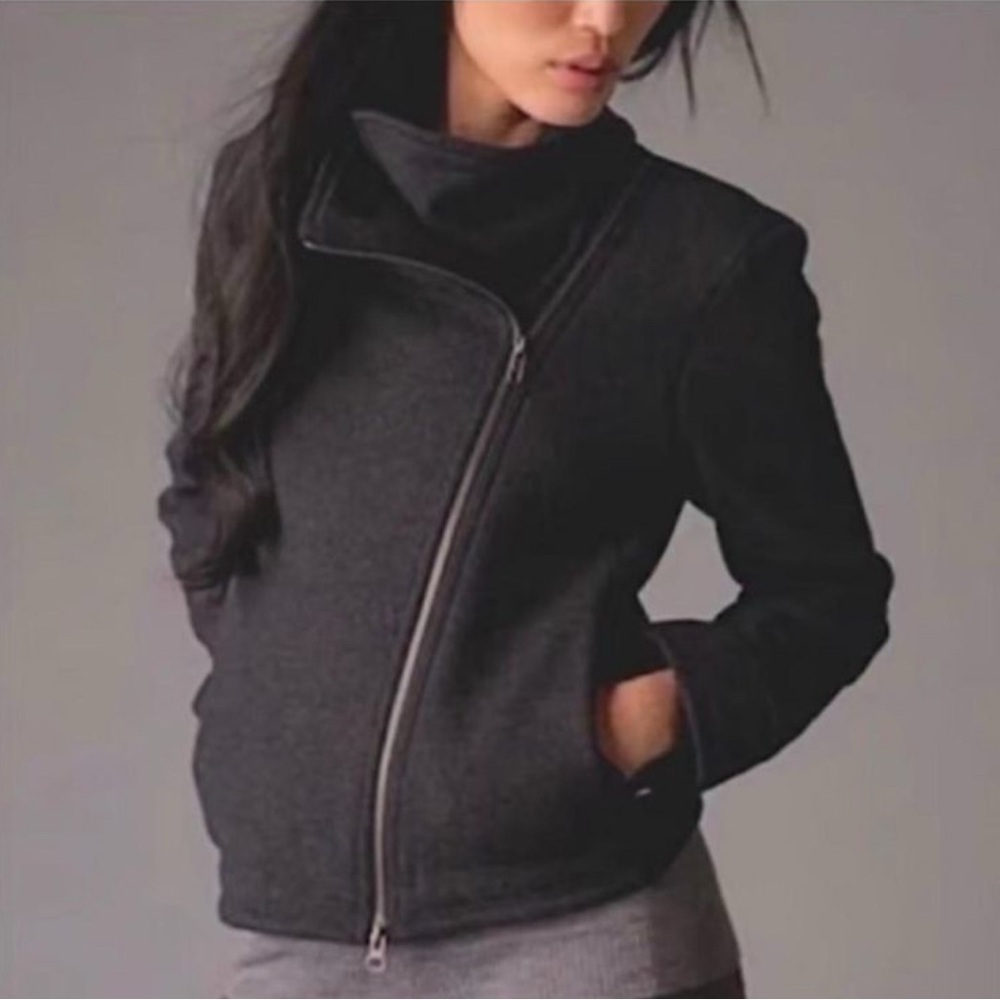 Eileen Fisher Jacket Large Wool Motorcycle Fleece Lined Sherpa Charcoal Grey